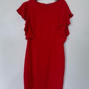 T Tahari Red Midi Dress with Ruffle Sleeves